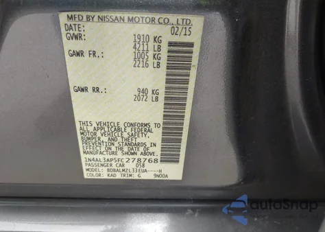 2015 Nissan Altima 2.5 Sv z USA, uszkodzony, nr VIN 1N4AL3AP5FC278768